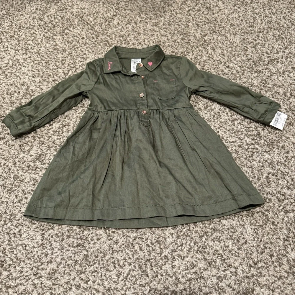 Carters Dark Green Olive Long Sleeve Baby Dress 9 Months Embroidered Holiday NEW